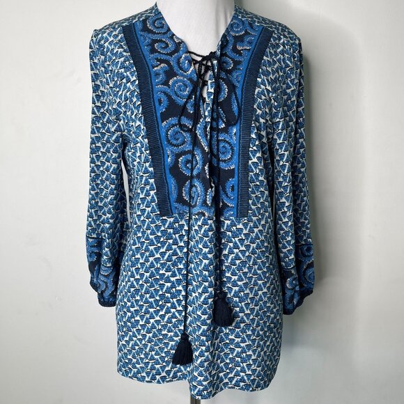 Figue Women's Blue Geometric Print Silk Tassel Long Sleeve Blouse Size Medium - Picture 1 of 8